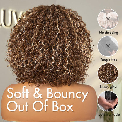 Luvme Hair ash blonde curly lace wig with water wave texture, bangs, minimal lace, glueless design, and true scalp for beginners.