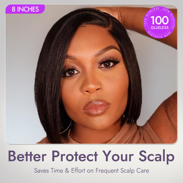 Luvme Put On & Go blunt cut straight bob minimalist lace wig with glueless C part style, natural hairline, and HD lace for seamless look.