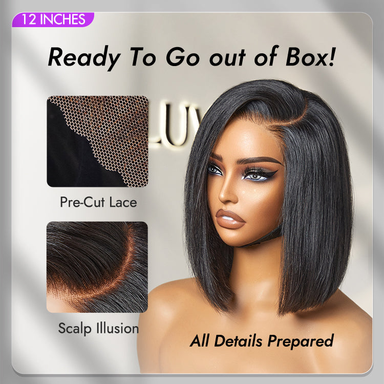Luvme Put On & Go blunt cut straight bob minimalist lace wig with HD lace and glueless C-part design, natural-looking hair and scalp visible.