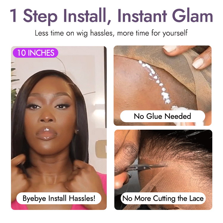 Luvme Put On & Go blunt cut straight bob minimalist lace wig with glueless C part design, showcasing sleek, natural hair texture.