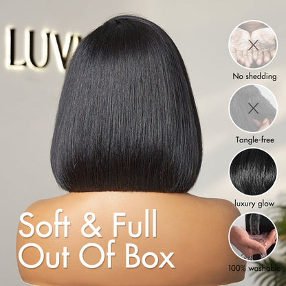 Luvme Put On & Go blunt cut straight bob minimalist lace wig with C part, glueless HD lace for a natural look.