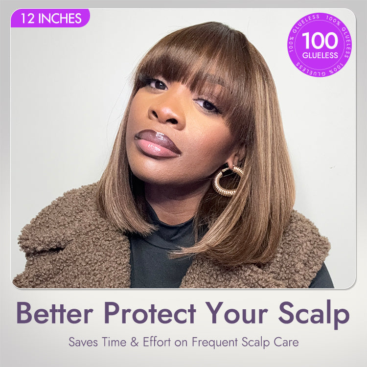 Ash blonde highlights with dark brown base Yaki blunt cut bob wig featuring bangs, glueless lace, short style from Luvme Hair.