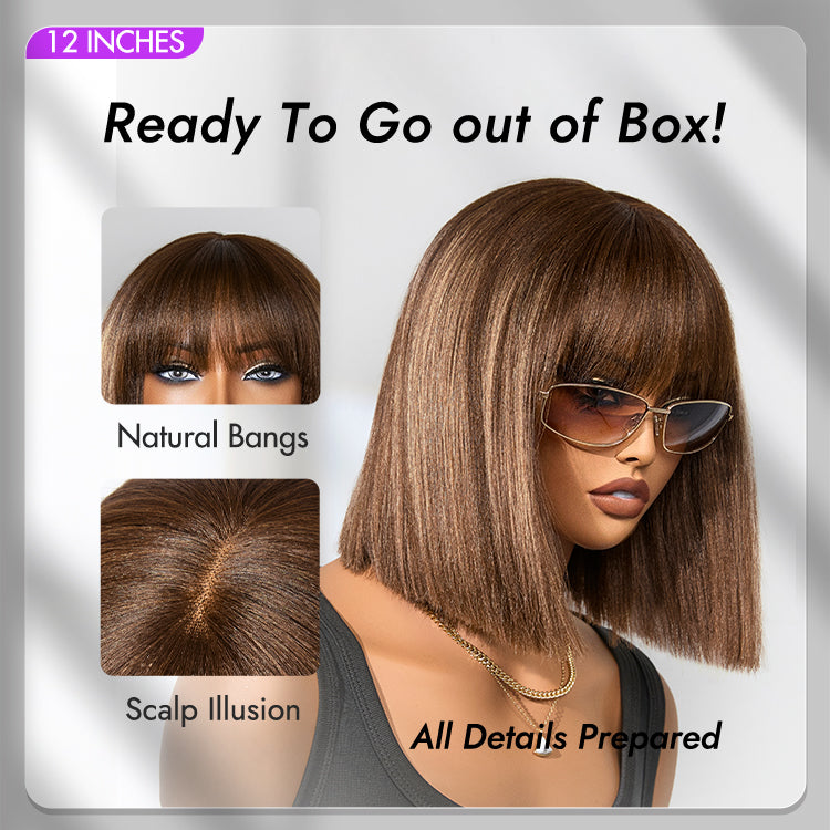 Ash blonde highlights with dark brown base Yaki blunt cut bob wig featuring bangs and minimalist lace, glueless short wig by Luvme Hair.