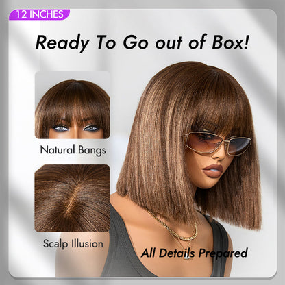 Ash blonde highlights with dark brown base Yaki blunt cut bob wig featuring bangs and minimalist lace, glueless short wig by Luvme Hair.