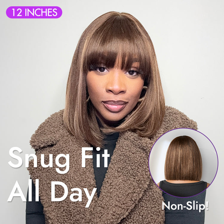 Ash blonde highlights with dark brown base Yaki blunt cut bob wig featuring bangs and minimalist lace, glueless short wig by Luvme Hair.