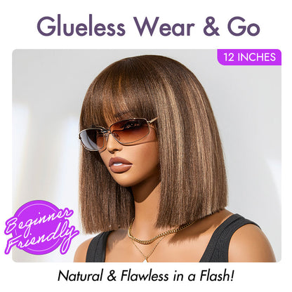 Ash blonde highlights with dark brown base Yaki blunt cut bob wig featuring bangs, glueless lace, short style from Luvme Hair.