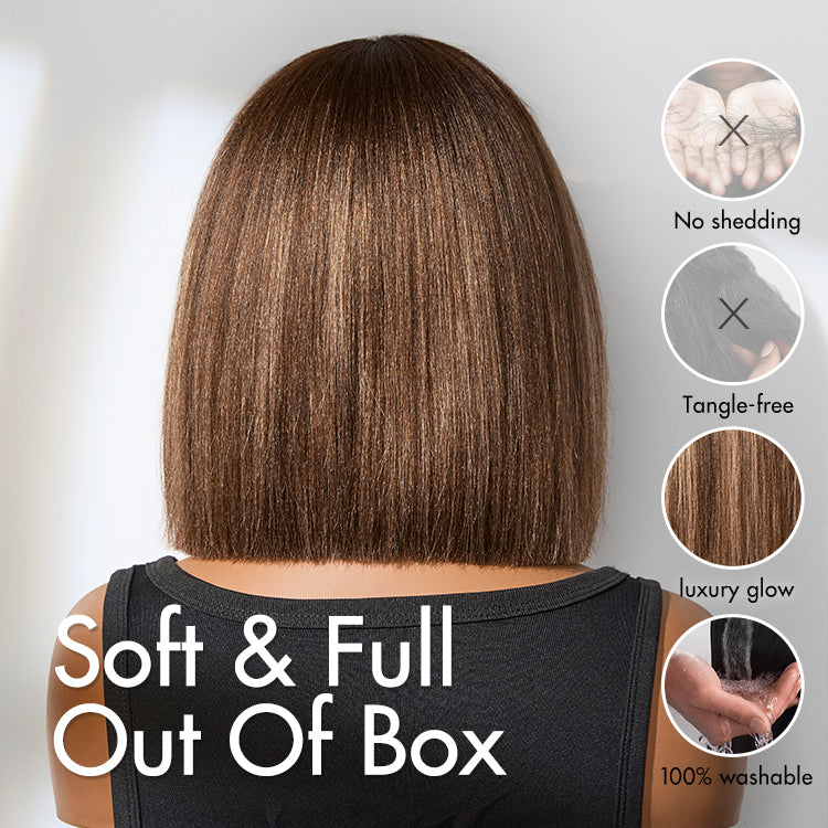 Ash blonde highlights with dark brown base Yaki blunt cut bob wig featuring bangs and minimalist lace, glueless short wig from Luvme Hair.