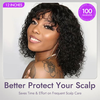 Luvme Hair 1 SEC INSTALL minimalist lace wig with water wave curls, brown highlights, bangs, natural scalp, and short curly style.