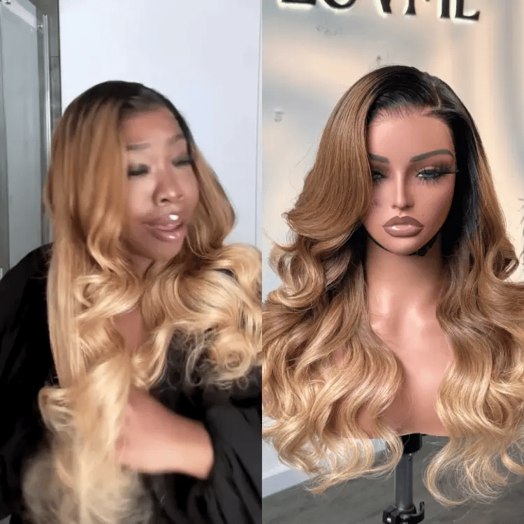 Luvme Hair PreMax 13x4 frontal lace blonde wig with loose waves and ombre color, glueless, pre-cut lace for a seamless look