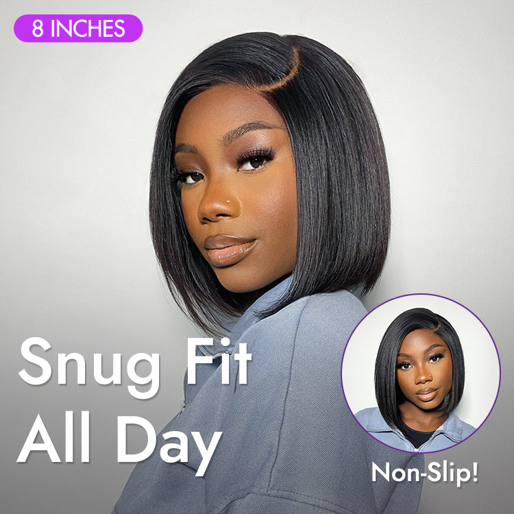 Luvme Put On & Go blunt cut straight bob minimalist lace wig with glueless C part, natural hair appearance, and HD lace for seamless blend.