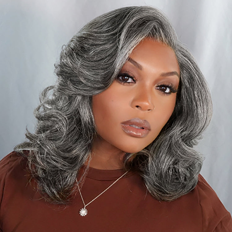 Layered grey wig by Luvme Hair featuring shoulder-length wavy style, HD lace, and a minimalistic glueless design