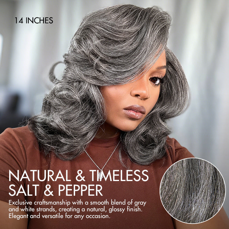 Layered grey wig by Luvme Hair featuring shoulder-length wavy style, HD lace, minimalistic design, glueless construction