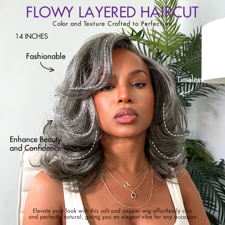 Layered grey wig from Luvme Hair featuring shoulder-length wavy, blowout style with HD lace, minimalistic and glueless design.