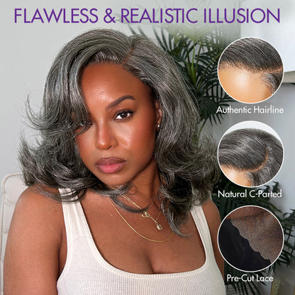 Grey layered blowout wig with shoulder-length wavy style, minimal HD lace, and glueless design by Luvme Hair.