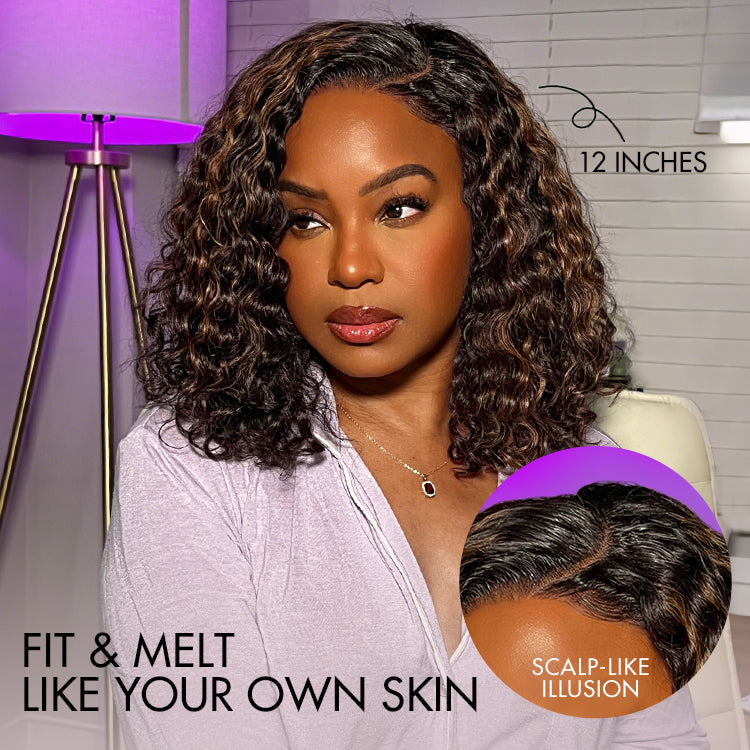 Blonde highlight short curly glueless lace wig by Luvme featuring natural HD lace and minimalist design.