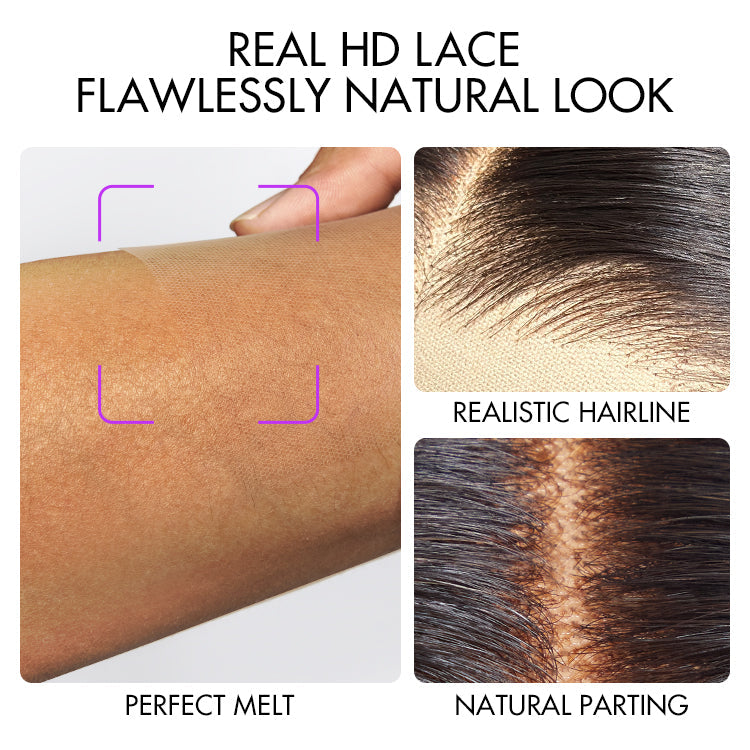 Blonde highlight short curly glueless minimalist HD lace human hair wig by Luvme, showing detailed lace and curly hairstyle.