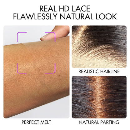 Blonde highlight short curly glueless minimalist HD lace human hair wig by Luvme, showing detailed lace and curly hairstyle.