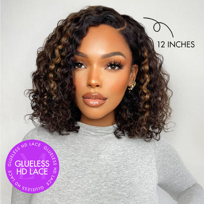 Blonde highlighted short curly glueless HD lace human hair wig by Luvme, showcasing natural curls and minimalist lace design.