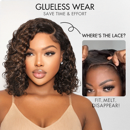 Blonde highlight short curly glueless minimalist HD lace human hair wig by Luvme, showing the lace and curly hair texture.