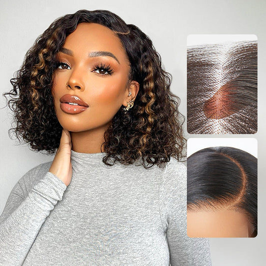 Blonde highlight short curly glueless minimalist HD lace human hair wig by Luvme, showcasing natural curls and lace detail.