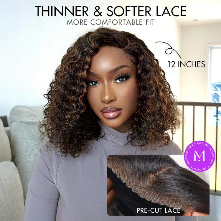 Blonde highlight short curly minimalist HD lace human hair wig by Luvme, showcasing natural curls and lace front detail.