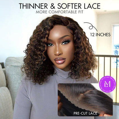 Blonde highlight short curly minimalist HD lace human hair wig by Luvme, showcasing natural curls and lace front detail.