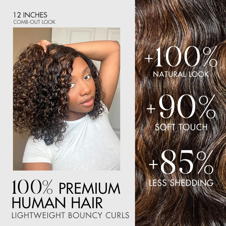 Blonde highlight short curly glueless minimalist HD lace human hair wig with natural curls and seamless lace for a realistic look.