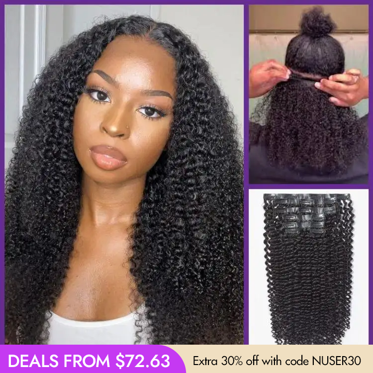 Kinky Curly Seamless Clip-in Extensions by Luvme Hair, human hair with a natural curl pattern and free gift included.