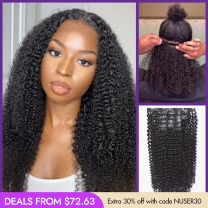 Kinky Curly Seamless Clip-in Extensions by Luvme Hair, human hair with a natural curl pattern and free gift included.