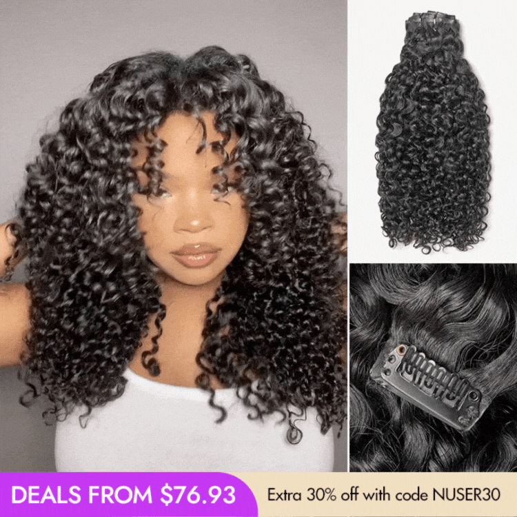 Luvme Hair messy Burmese curly seamless clip-in human hair extensions with free gift, showing the textured curly hair clips.