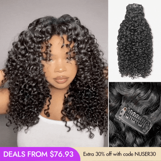 Luvme Hair messy Burmese curly seamless clip-in human hair extensions with free gift, showing the textured curly hair clips.