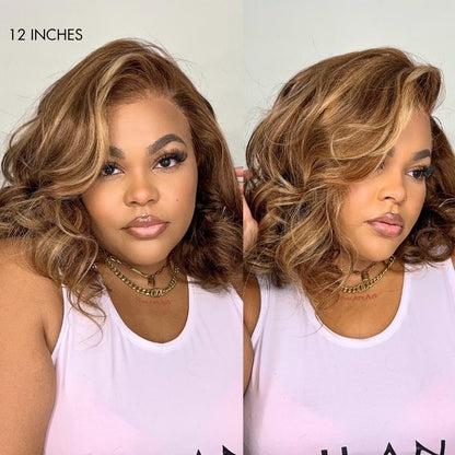 Luvme Hair PreMax honey brown wig with blonde highlights, natural black bouncy body wave 13x6 frontal lace human hair wig