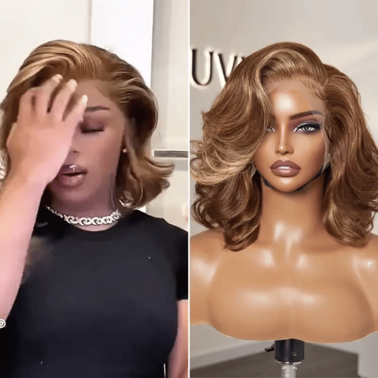 Luvme Hair PreMax Honey Brown with Blonde Highlights 13x6 Frontal Lace Human Hair Wig with bouncy body wave style