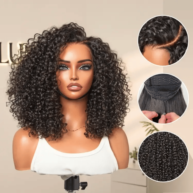 Luvme Hair curly lace front wig with face-framing style, 180% density, glueless, human hair, ear-to-ear wide T lace, pre-cut.