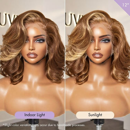 Luvme Hair PreMax Honey Brown with Blonde Highlights 13x6 frontal lace human hair wig with bouncy body wave style.