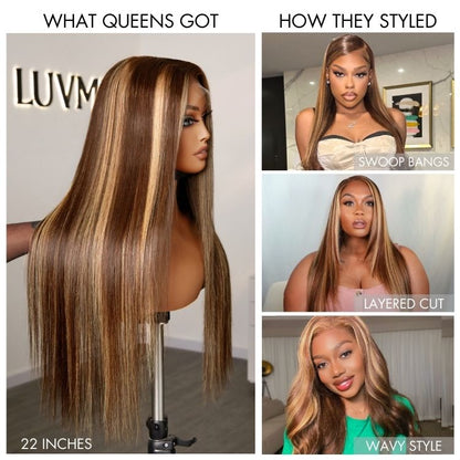 Luvme Hair honey blonde highlight 5x5 closure wig with silky straight texture and HD lace, long and glueless for easy wear.