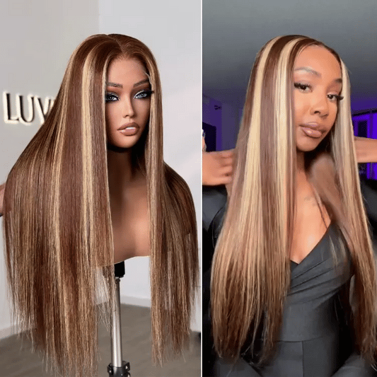 Luvme Hair honey blonde highlight 5x5 closure wig with silky straight texture and HD lace, long, glueless, 180% density.