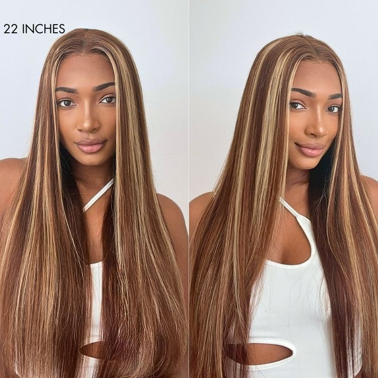 Luvme Hair honey blonde highlight silky straight 5x5 closure wig with HD lace, long length, and 180% density on a mannequin.