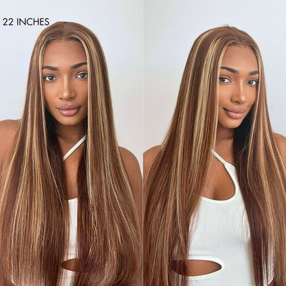 Luvme Hair honey blonde highlight silky straight 5x5 closure wig with HD lace, long length, and 180% density on a mannequin.