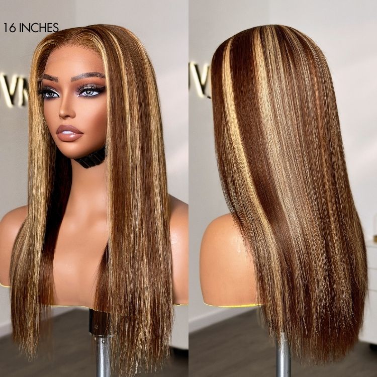 Luvme Hair honey blonde highlight 5x5 closure wig with silky straight texture and HD lace, long glueless design.