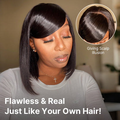 Luvme Hair 5x5 closure wig with silky straight texture, breathable cap, swoop bangs, deep left C part, glueless lace bob style