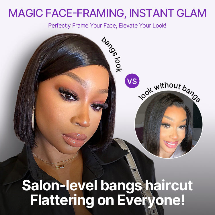 Luvme Hair 5x5 closure lace bob wig with swoop bangs, breathable cap, silky straight texture, deep left C part, glueless design