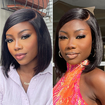 Luvme Hair 5x5 closure lace bob wig with straight hair, breathable cap, swoop bangs, glueless design, deep left C part.