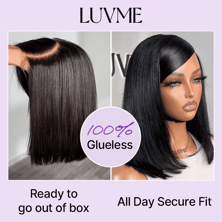 Luvme Hair 5x5 closure wig with breathable cap, swoop bangs, deep side C-part, silky straight, glueless lace bob style.
