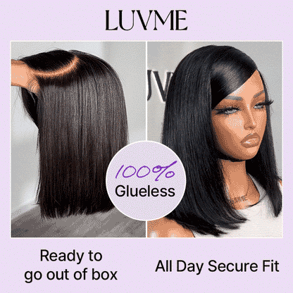 Luvme Hair 5x5 closure wig with breathable cap, swoop bangs, deep side C-part, silky straight, glueless lace bob style.