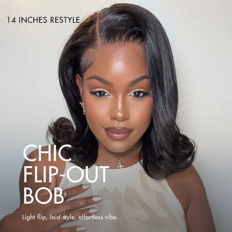 Luvme Hair retro 90s flip ends bob cut human hair wig with glueless 13x4 frontal lace, showcasing the styled wig on a mannequin head.