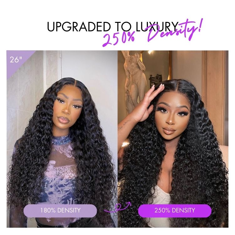Luvme Hair PreMax 250% density water wave lace frontal wig with curly texture, glueless flexi-fit drawstring, and pre-cut lace.