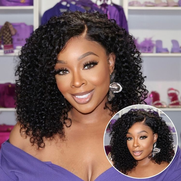 Luvme Hair 180% density curly lace front wig with face-framing style, glueless, ear-to-ear lace, and pre-cut human hair for a trendy look.