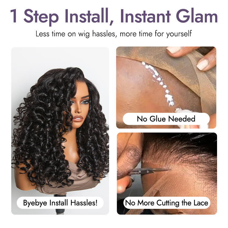 Luvme Hair 180% density bouncy curly glueless 5x5 lace closure wig with layered curls on breathable cap, pre-cut lace.