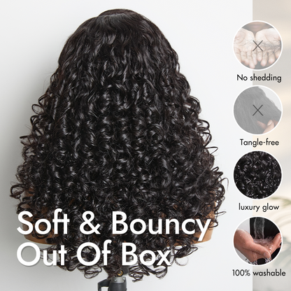 Luvme Hair 180% density curly lace closure wig with layered bouncy curls, glueless 5x5 pre-cut lace, breathable cap.